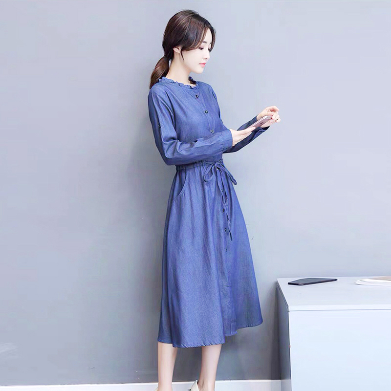 ĐẦM JEAN XÒE TAY DÀI CỔ BÈO TRÒN